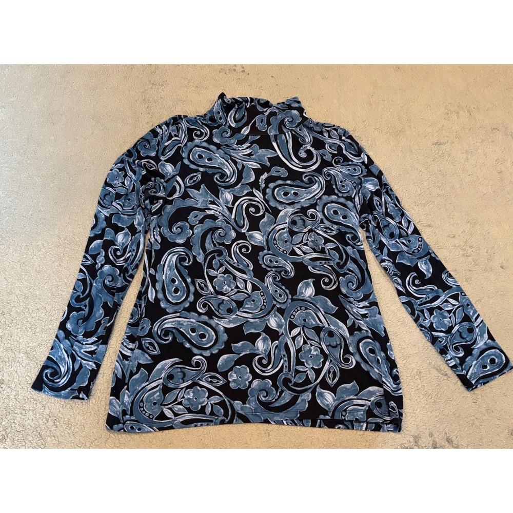 Chicos Mock Neck Top Size 1 Blue Black Paisley Floral Long Sleeve Rayon Blend
